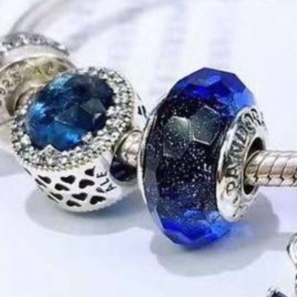 Set 2 Radiant Heart Royal Blue Crystals CZ & Fascinating Shimmer Pandora Charms